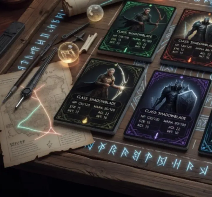 Fantasy character cards arranged in a drafting interface for a strategy game.