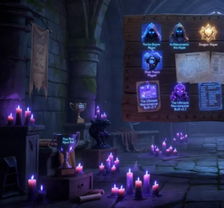 Community achievement board filled with fantasy strategy game trophies, rankings, and draft notes.
