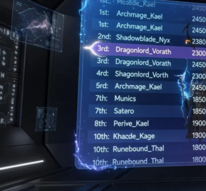 Leaderboard interface with glowing fantasy UI showing rankings and guild standings.
