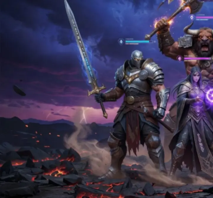 Dark fantasy heroes group representing diverse tactical roles in a drafting strategy game.