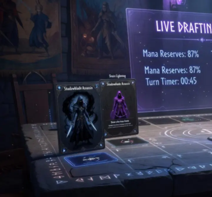 Dark fantasy drafting interface showing heroes being selected in a turn-based draft phase.