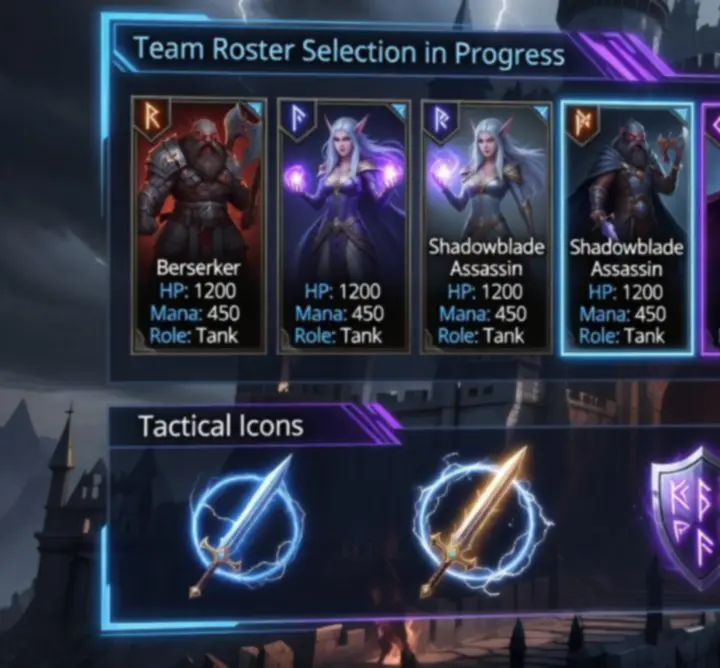 Fantasy strategy game drafting interface with hero cards and tactical options