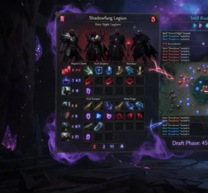 Tactical drafting interface showing heroes, spells, and team compositions in a fantasy strategy game.