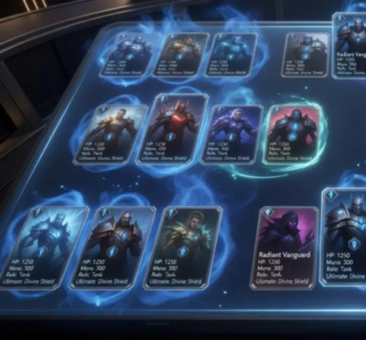 Fantasy drafting interface with heroes and tactical options displayed on a glowing board