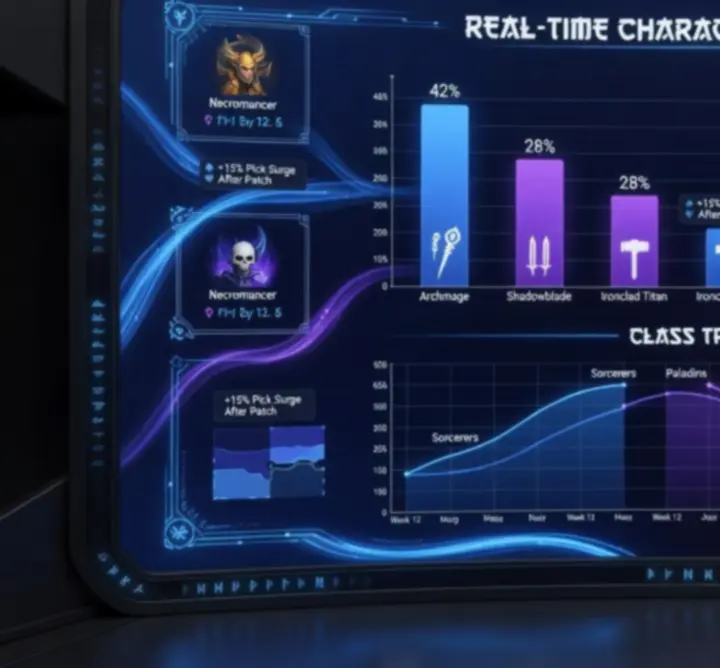 Esports-style dashboard visualising meta statistics for a fantasy strategy game.