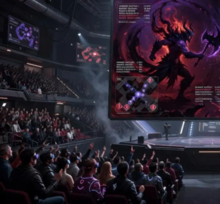 Esports tactical arena with glowing fantasy battlefield and drafting screens