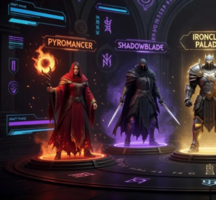 Selection screen of fantasy heroes showcased during a drafting phase with glowing card frames.