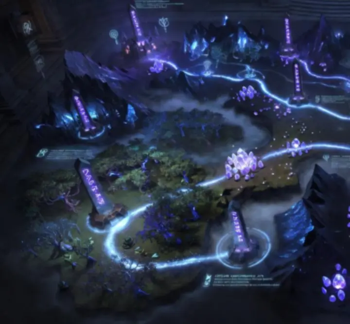 Dark fantasy strategy map with layered objectives, lanes, and glowing control points.