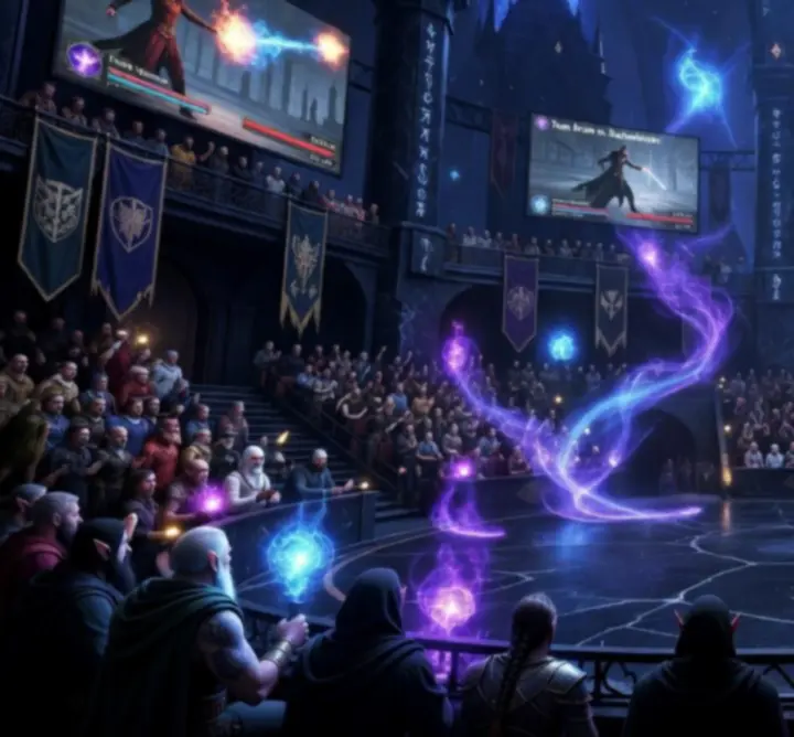 High-stakes fantasy tournament arena filled with glowing spell effects and tactical battle grids.