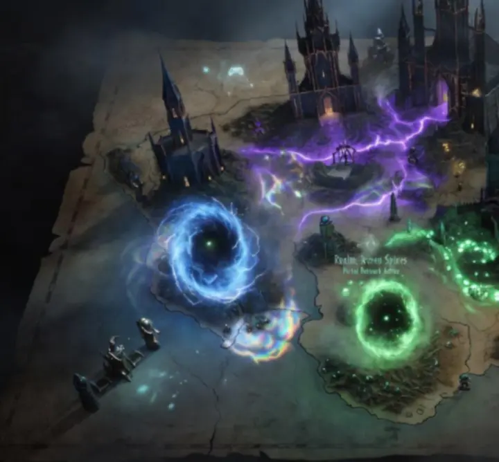 Dark fantasy game overview scene with heroes preparing for battle