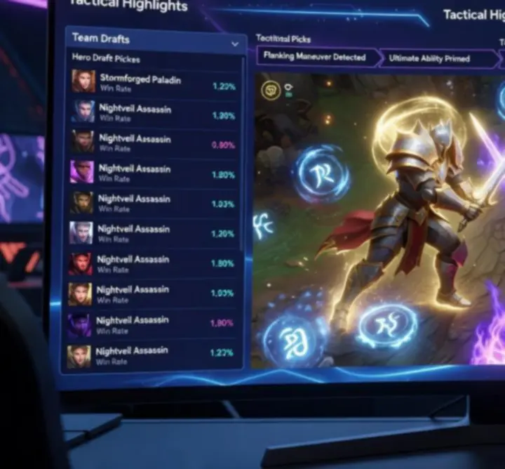 Replay analysis interface showing drafting history, vision overlays, and tactical heatmaps.
