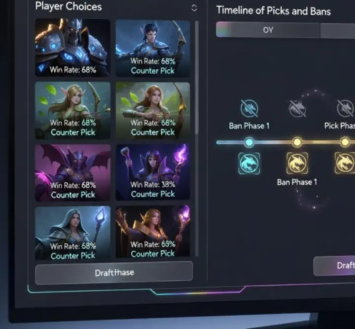 Strategy-focused draft simulator UI with hero slots and glowing tactical overlays.