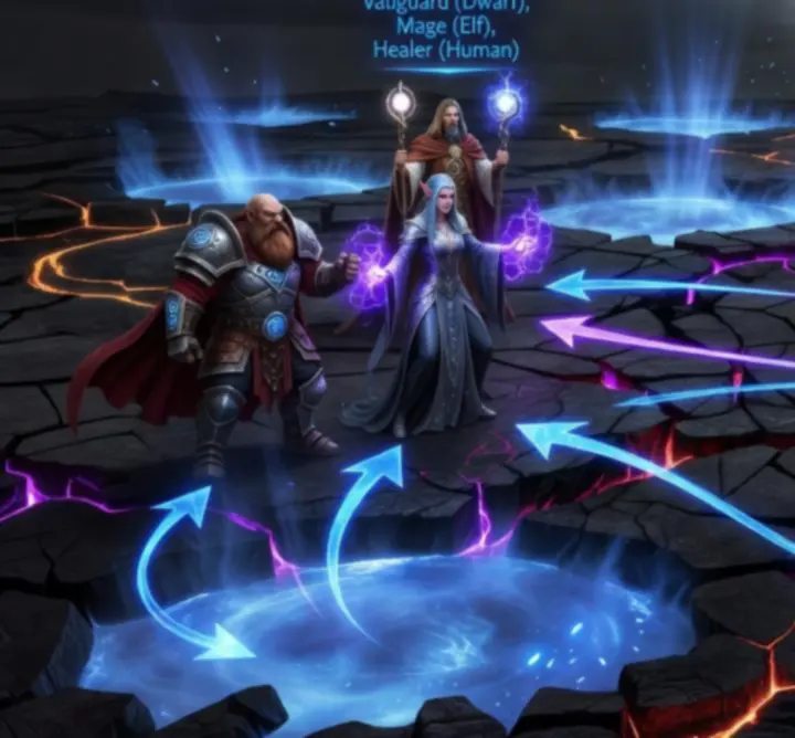 Dark fantasy tactical battle scene with heroes clashing on a glowing map