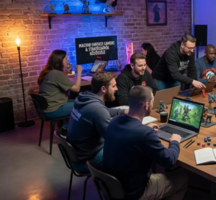 Draft Depth Hungarian team gathered around PCs discussing fantasy strategy game tactics